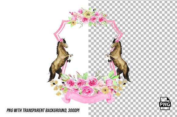 Elevate Your Designs with a Pink Horse Watercolor Crest Wedding PNG