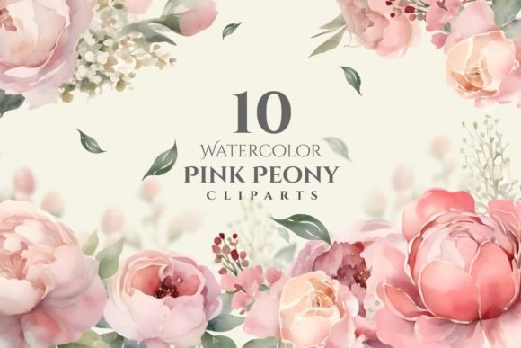 Watercolor Pink Peonies Clipart Set for Designers
